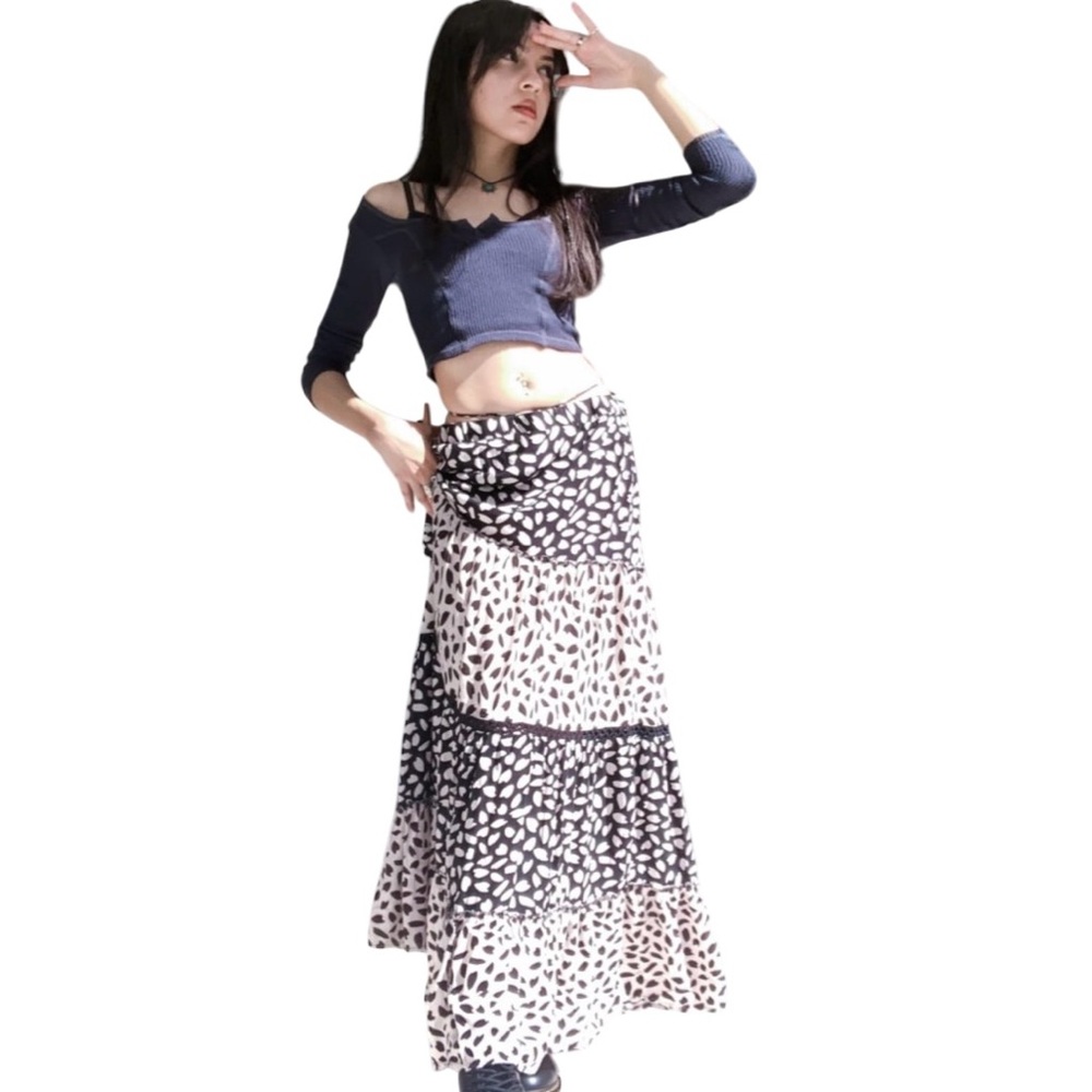SOLITAIRE Tiered Black & White Maxi‎ Skirt Polka Dot Resort Wear Boho Fairygoth